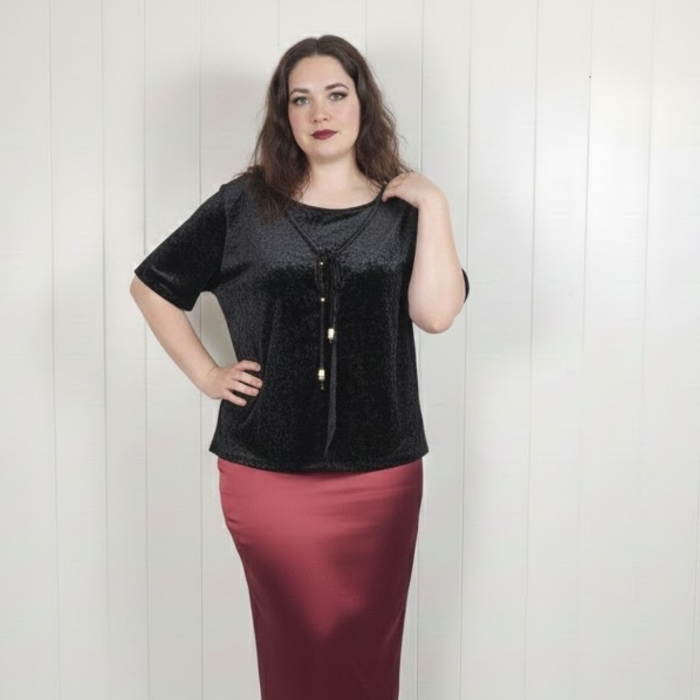 Y2K Vintage Black Velvet Velour Short Sleeve Top Size 2X Stretchy Whimsigoth 90s - Picture 2 of 11